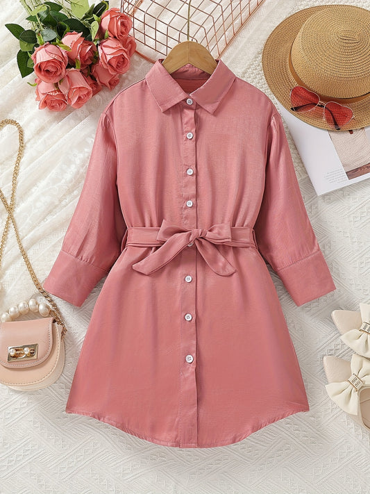 Girls' Casual Button Down Tunic Shirt Dress For Summer Outfit