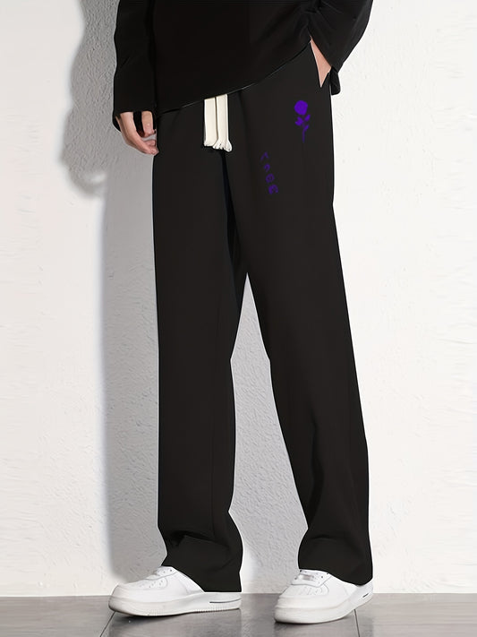 Rose Cotton Sweatpants Men's Casual Solid Loose Fit Drawstring
