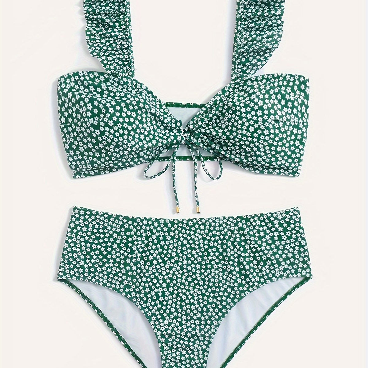  Ditsy Print Ruffle Trim Bikini Set