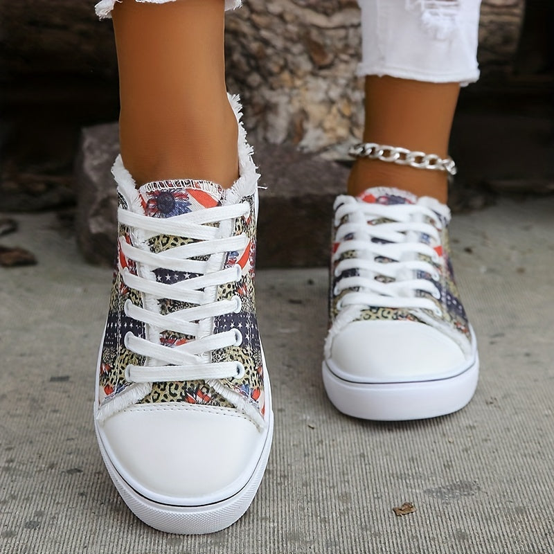 Women's Stars & Striped Print Low Round Toe Lace Up Flat Non slip Shoes