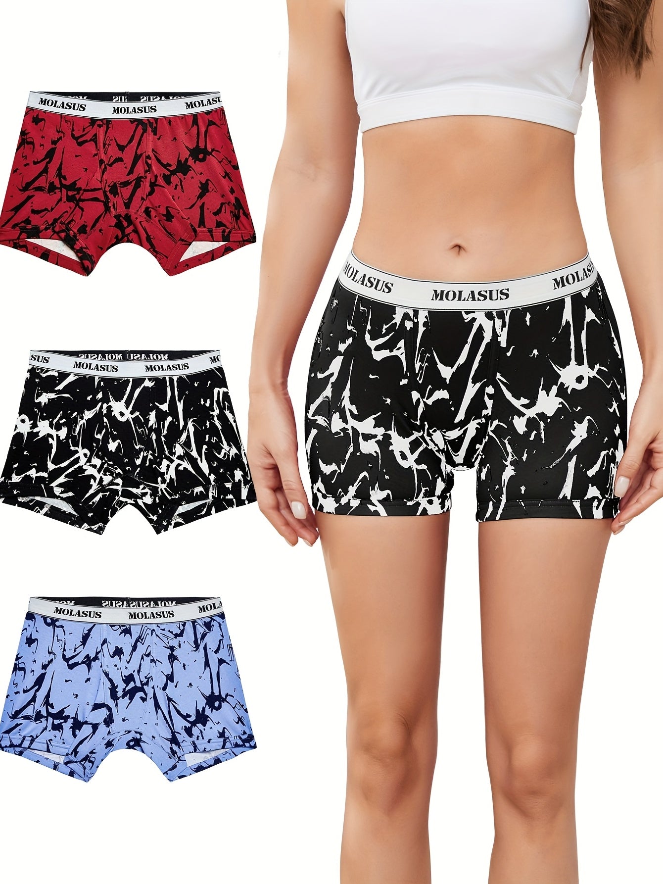 3pcs Random Print Boyshort Panties Soft & Comfortable Women's Lingerie