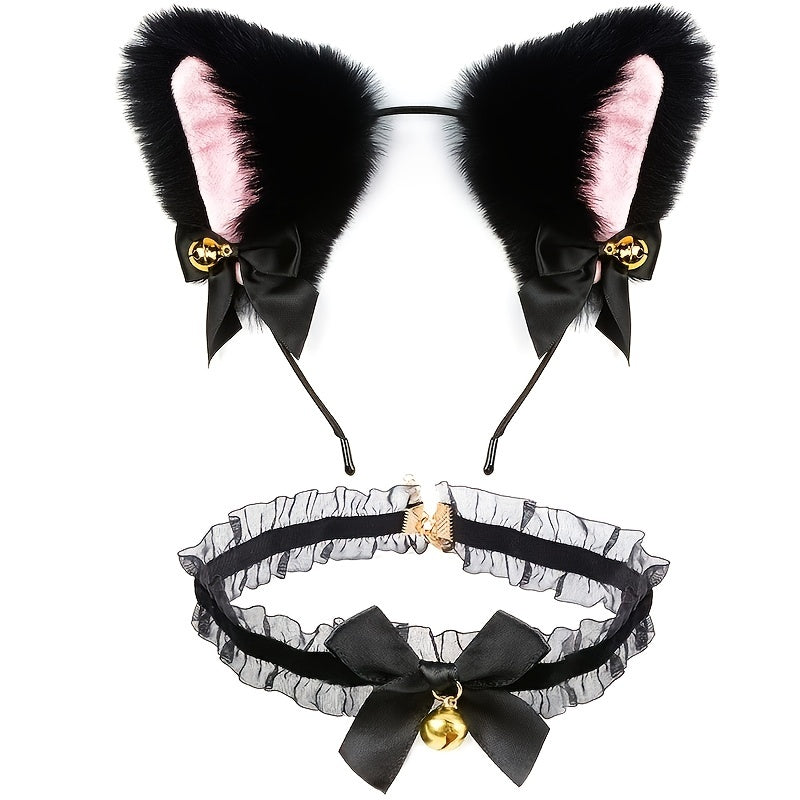 Cat Ears Hair Hoop & Bow Lace Choker Set