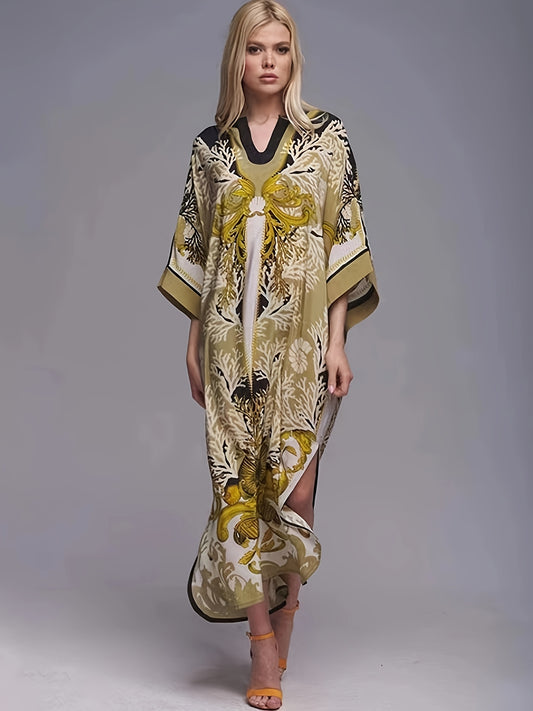  Retro Abaya Dress Women's Plus Tribal Print Long Sleeve