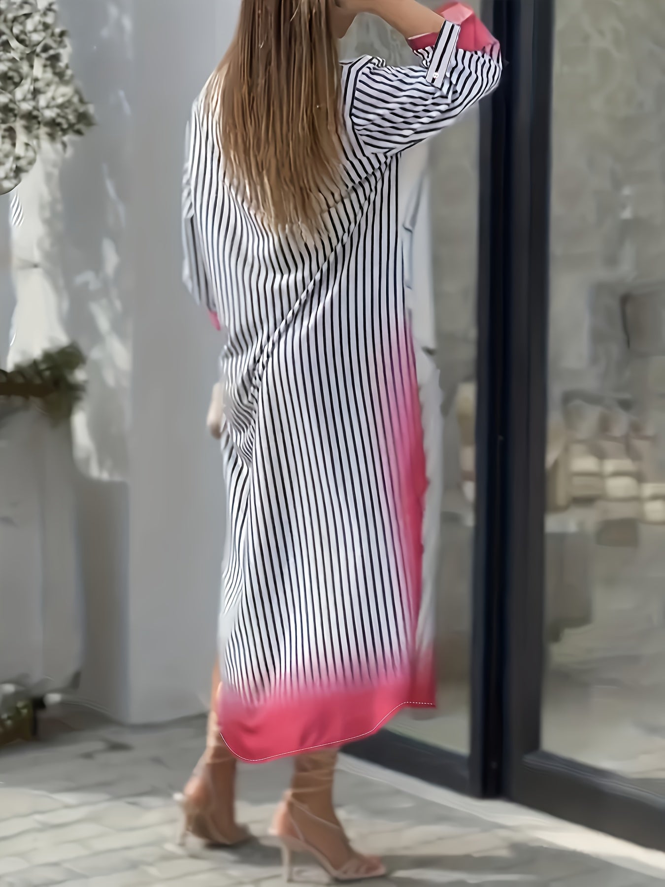  Stripe & Floral Print Maxi Shirt Dress