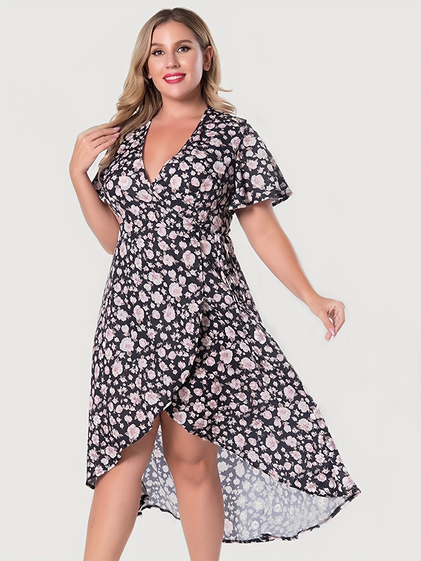 Floral Print Short Sleeve V Neck Layered Maxi Dress