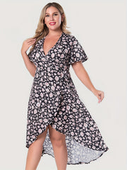 Floral Print Short Sleeve V Neck Layered Maxi Dress