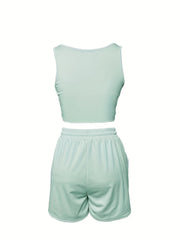 Casual Top Stitching Two-piece Set Crop Tank Top & Drawstring Shorts