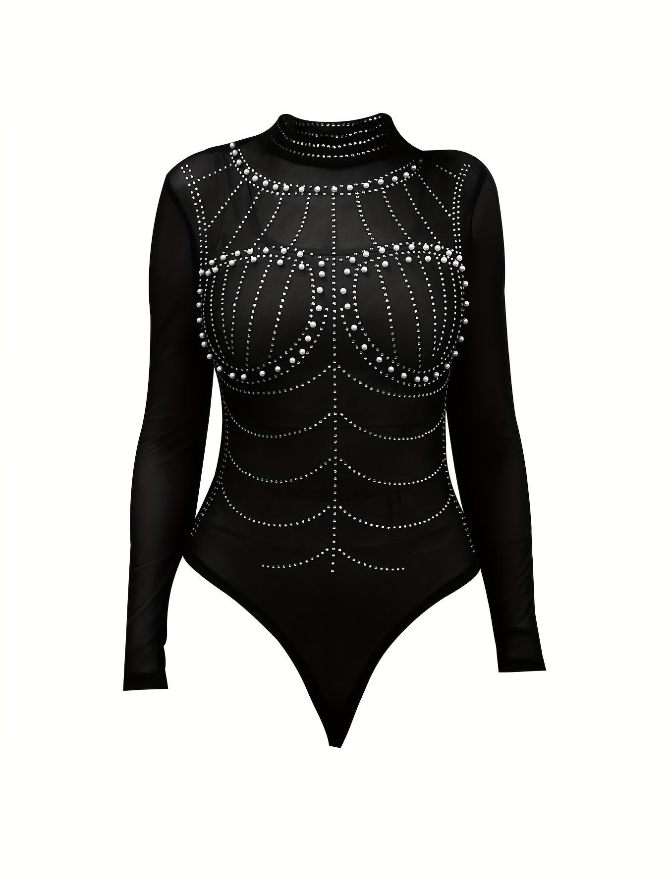 Sexy Sheer Beaded Slim Bodysuit Long Sleeve Mock Neck