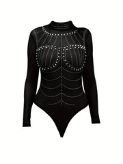 Sexy Sheer Beaded Slim Bodysuit Long Sleeve Mock Neck