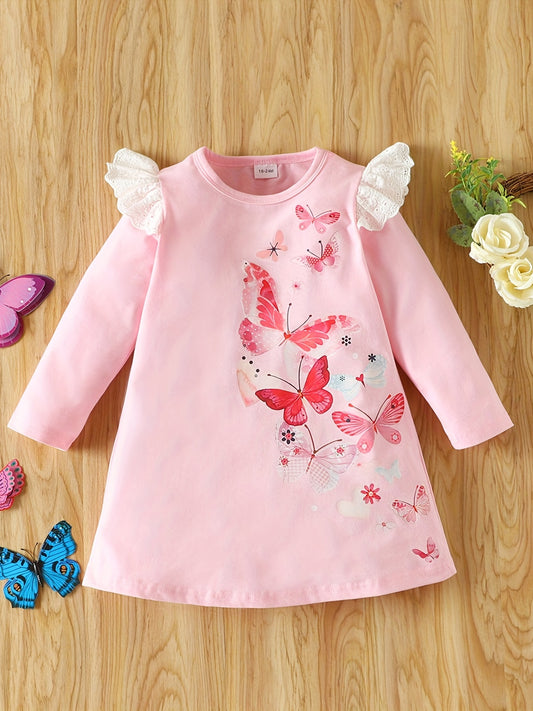 Girls' Butterfly Graphic Long Sleeve Dress For Party Going Out