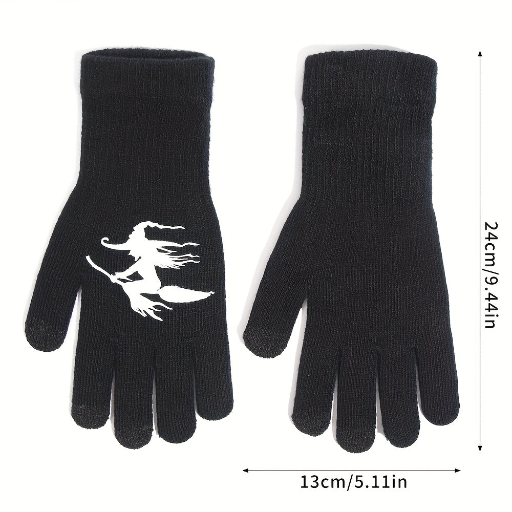 Halloween Witch Touch Screen Knitted Gloves, Windproof Warm Winter Gloves