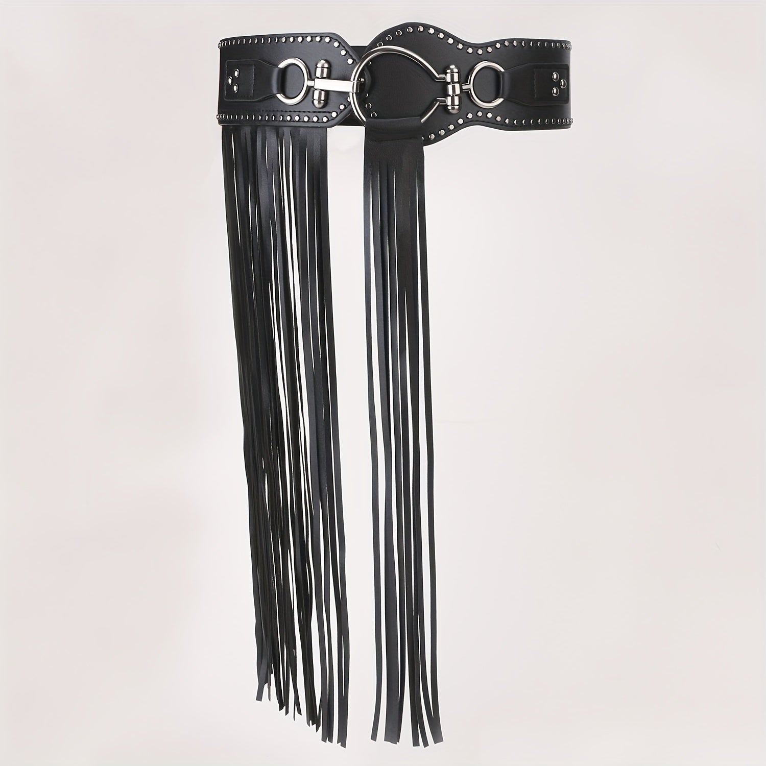  Punk Tassel Skirt PU Belt Rivet Decor Wide Waistband Fringe Girdle