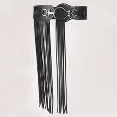  Punk Tassel Skirt PU Belt Rivet Decor Wide Waistband Fringe Girdle