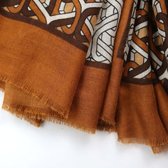 Brown Geometric Ring Print Scarf Vintage Block Shawl Frayed Edge