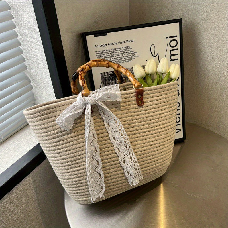 Straw Large Capacity Handbag with Lace Ribbon - Beach Bag