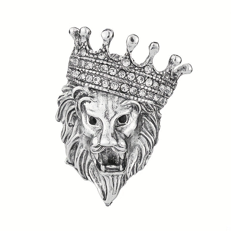 Vintage Lion Head Crystal Crown Lapel Pin Brooch