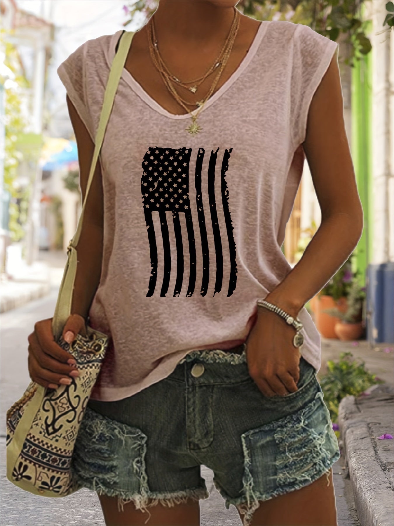 American Flag Print Tank Top V Neck Summer Sleeveless Top