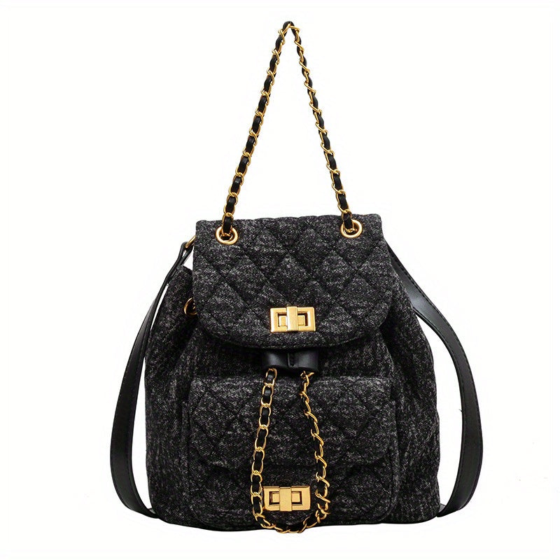 Minimalist Denim Backpack Solid Turn Lock Chain Daypack