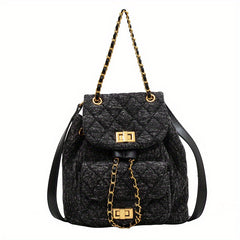 Minimalist Denim Backpack Solid Turn Lock Chain Daypack