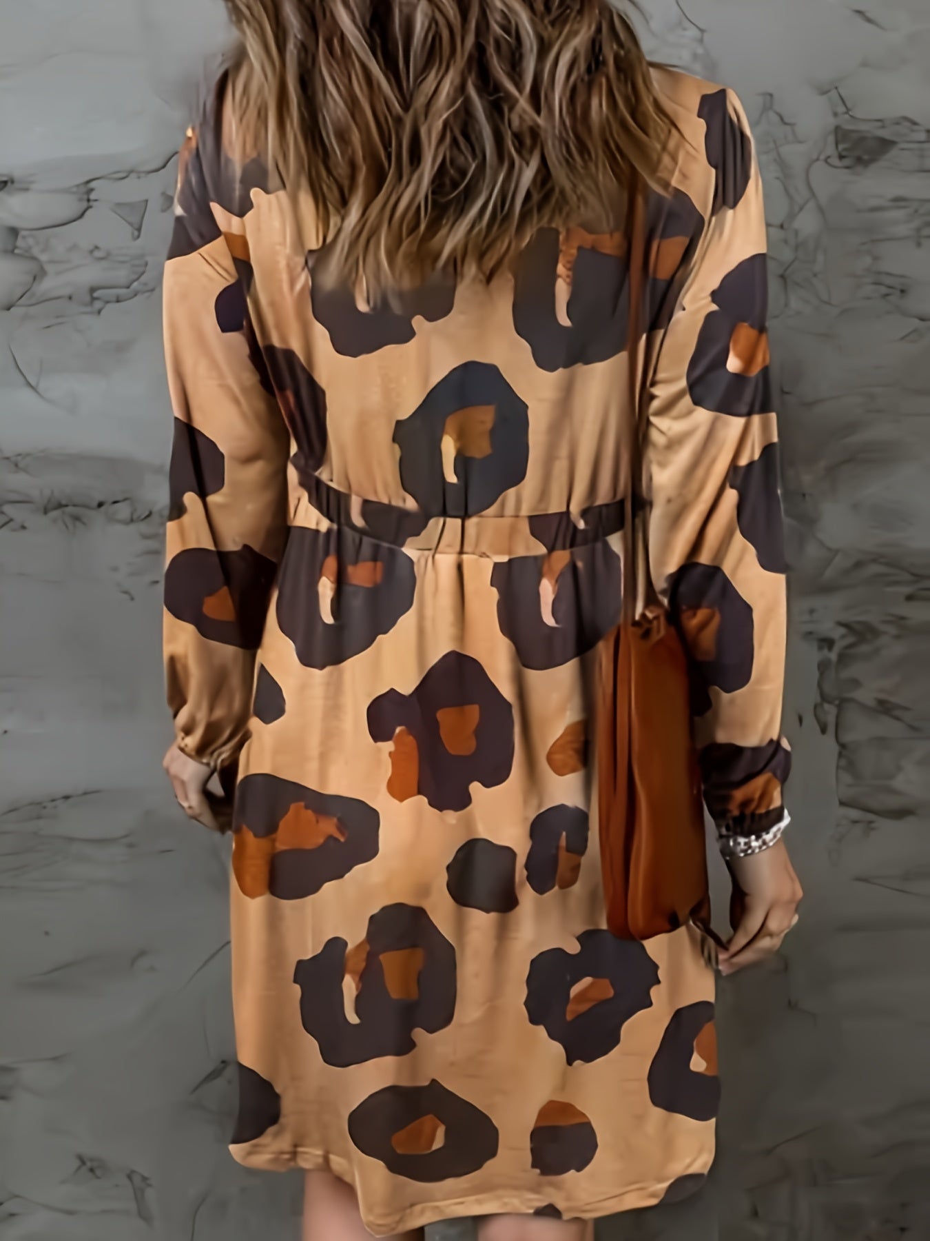 Women's Plus Leopard Print Lantern Sleeve Round Neck Casual Dress