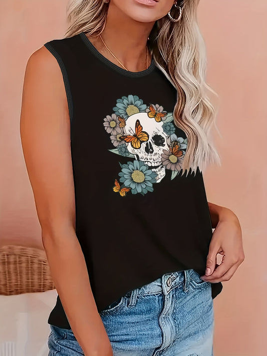  Halloween Floral Skull Butterfly Tank Top