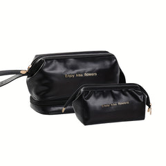 2pcs Travel Cosmetic Bag Set For Women PU Double Layer Travel Make Up Bag