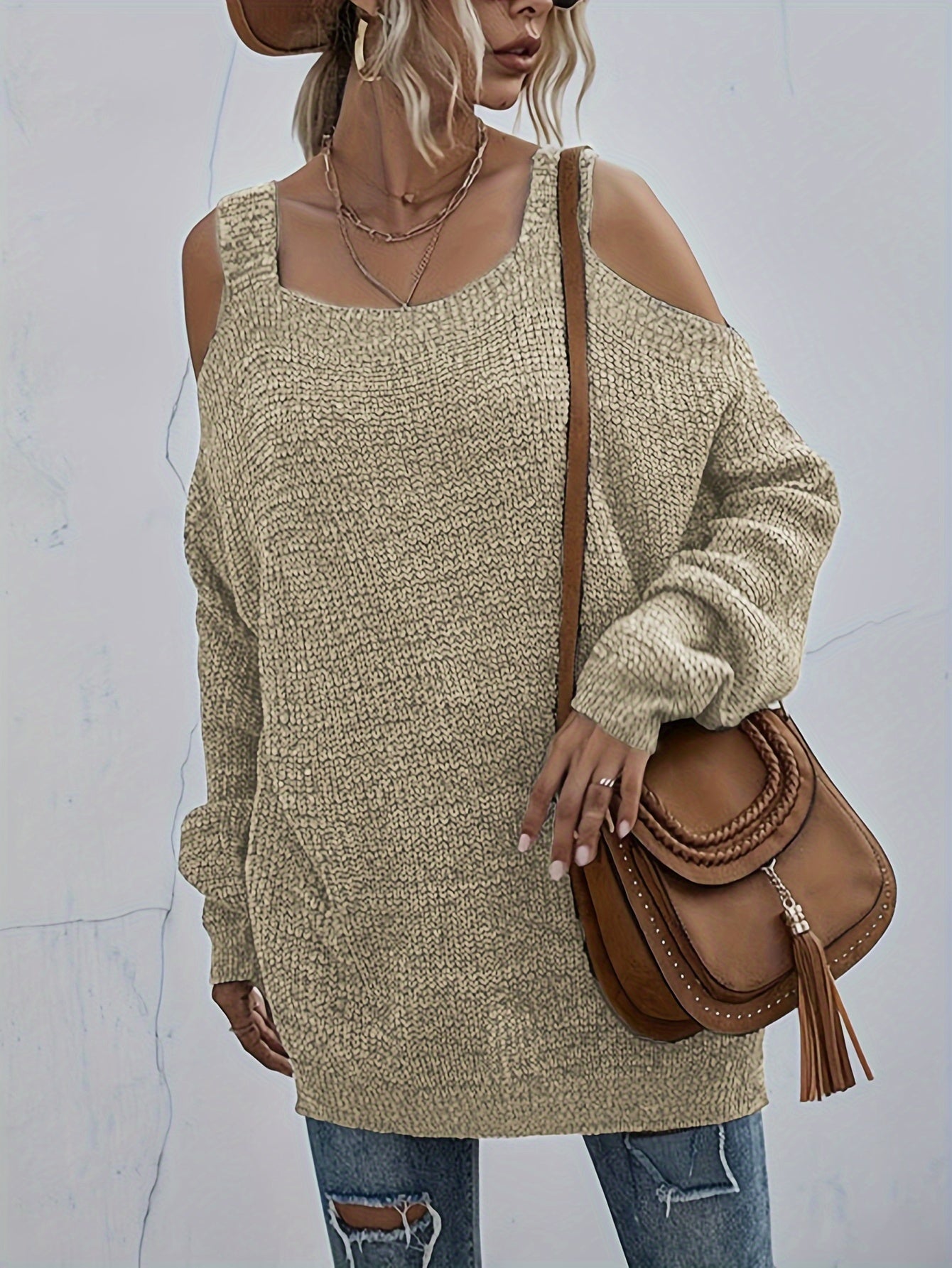  Solid Cold Shoulder Long Sleeve Sweater