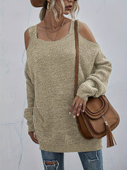  Solid Cold Shoulder Long Sleeve Sweater