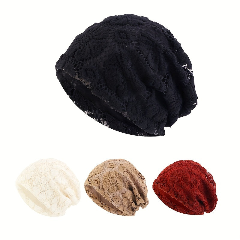 Double Layer Lace Beanies Turban Cap Solid Head Wrap Elastic Skull Cap