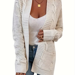  Cable Knit Open Front Cardigan with Pockets