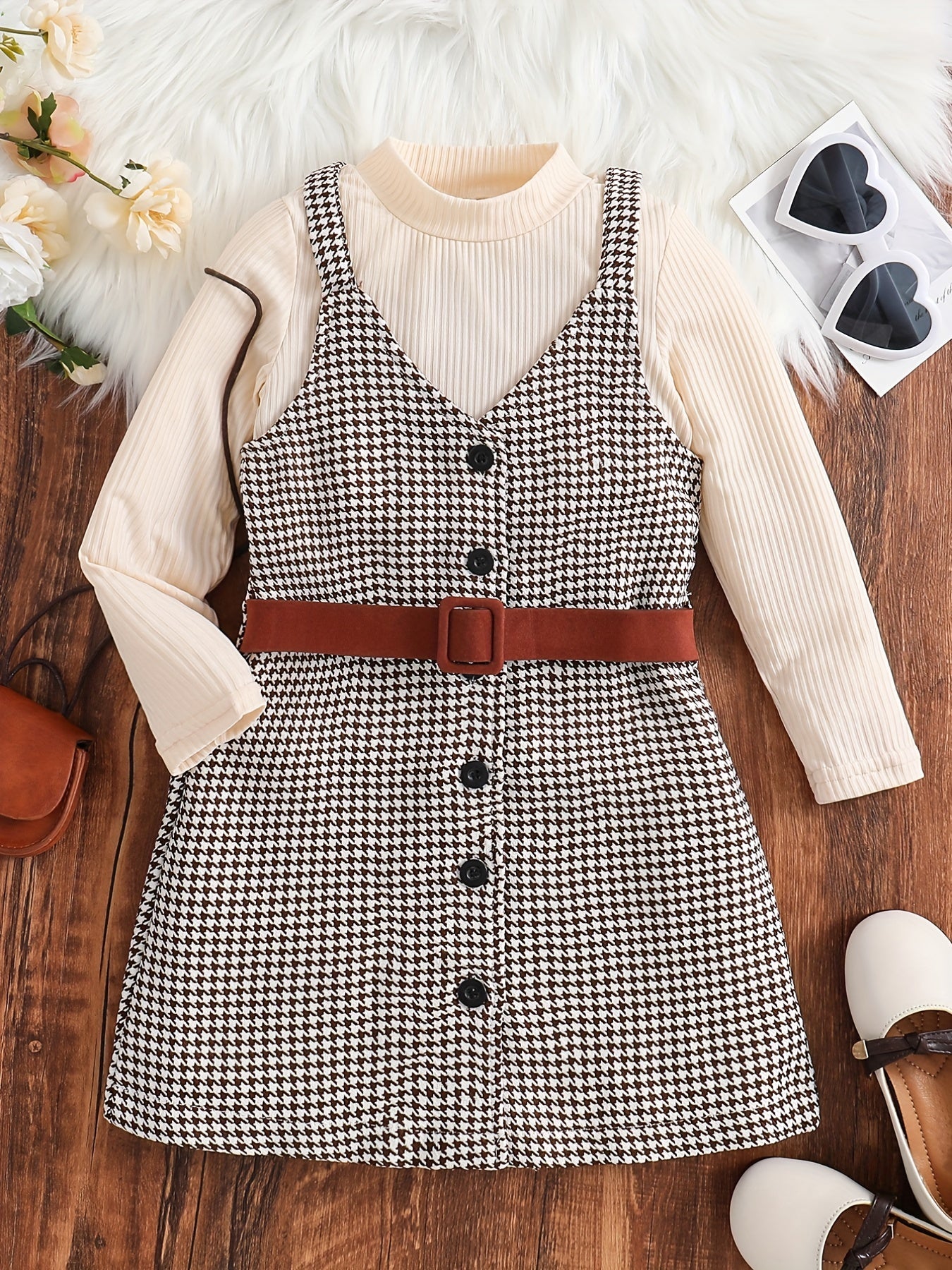 Girl's 2pcs Ribbed Top & Houndstooth Dress Set