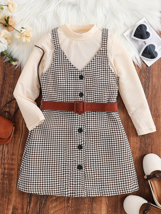 Girl's 2pcs Ribbed Top & Houndstooth Dress Set
