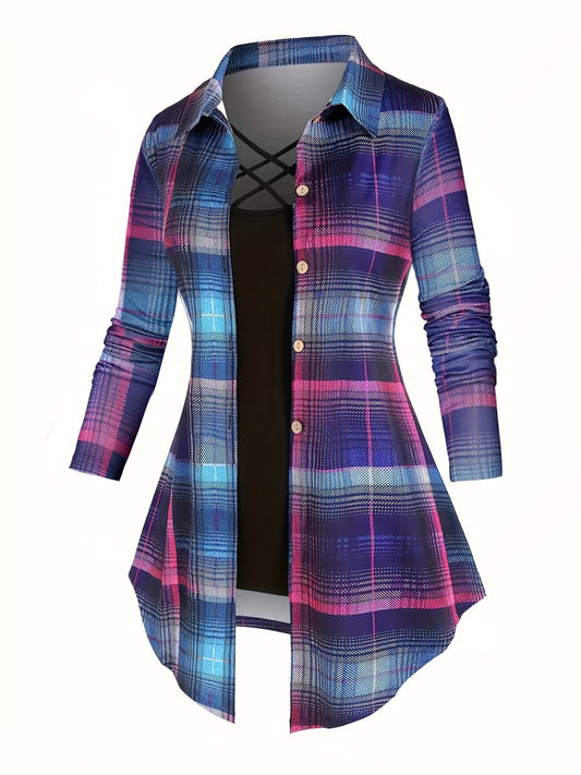  Plaid Button Up Blouse & Cami Top Outfit Set