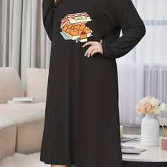  Women's Cartoon Cat Print Long Sleeve Sleep Dress