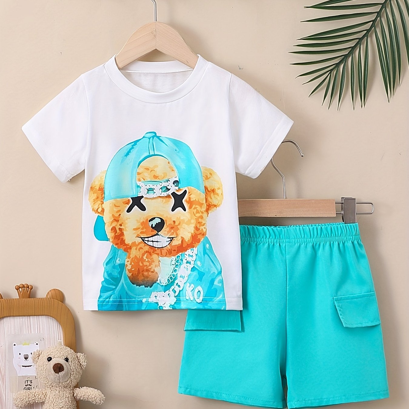 Boys Teddy Bear Graphic Print T-shirt & Shorts Set