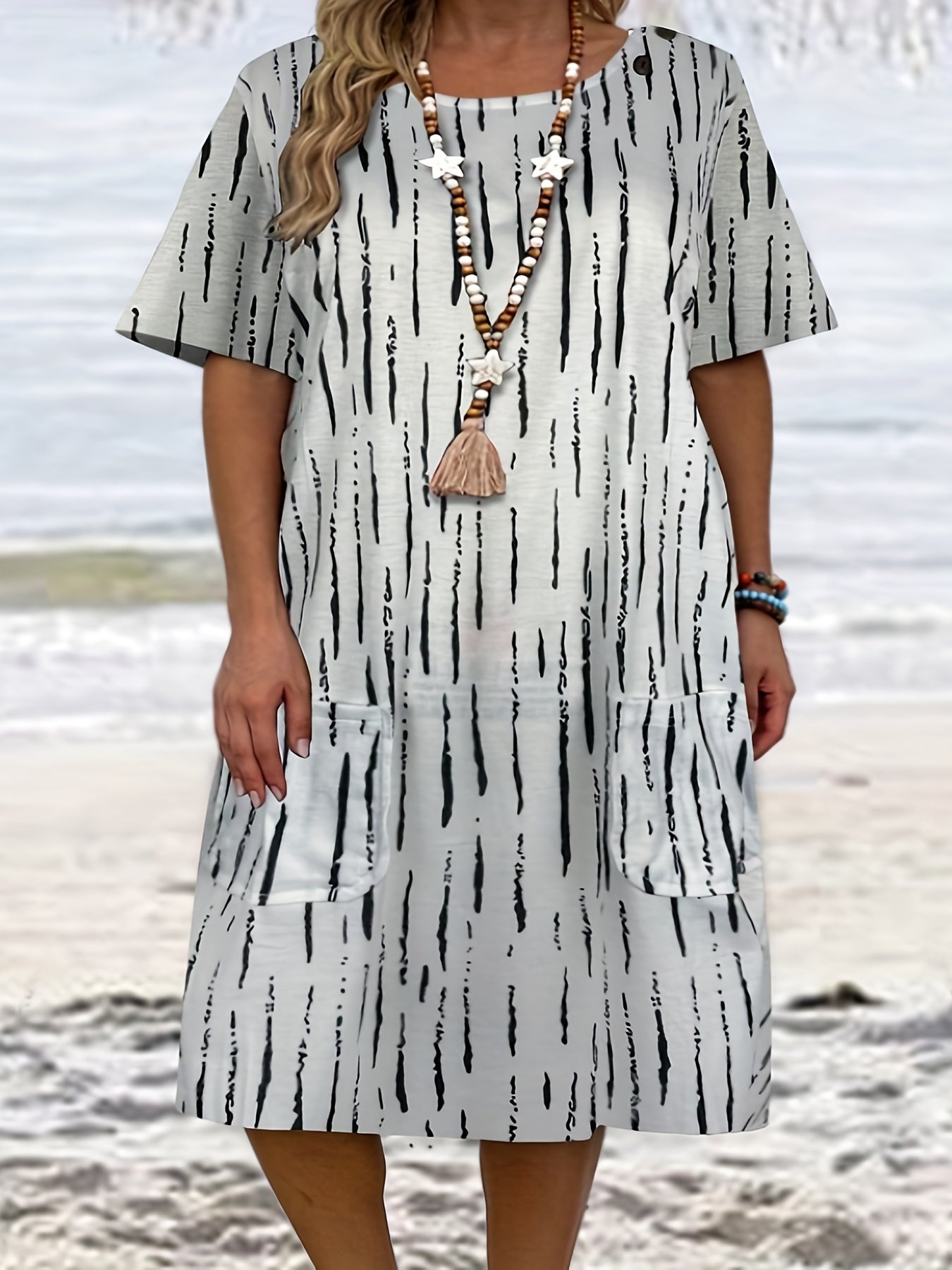  Casual Dress Women's Plus Strip Print Button Decor Short Sleeve