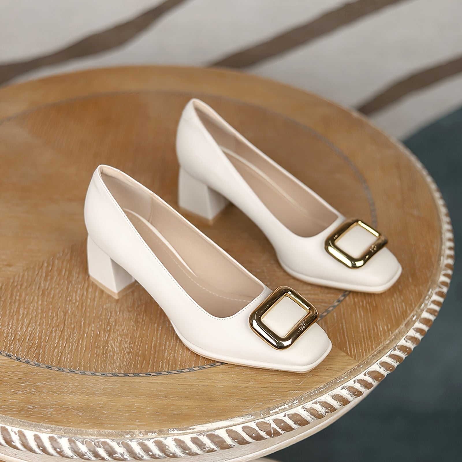 Women's Square Metal Decor Chunky Low Heels Slip On Pumps