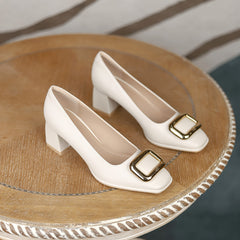 Women's Square Metal Decor Chunky Low Heels Slip On Pumps