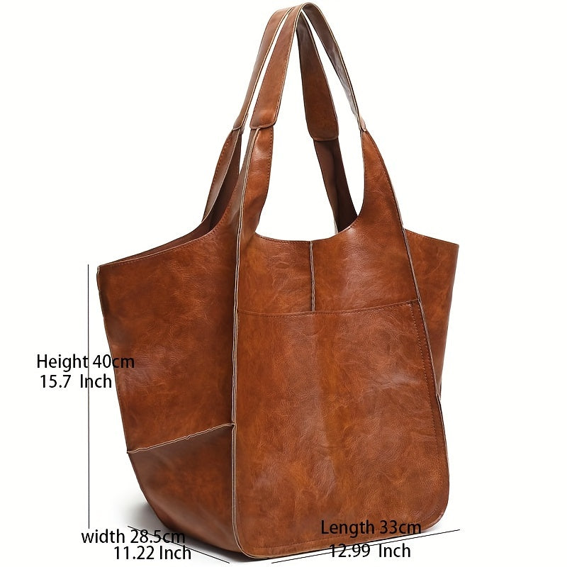 Large Capacity Tote Bag Retro Style Faux Leather Handbag