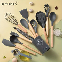 14pcs Silicone Utensil Set with Wooden Handle & Storage Bucket
