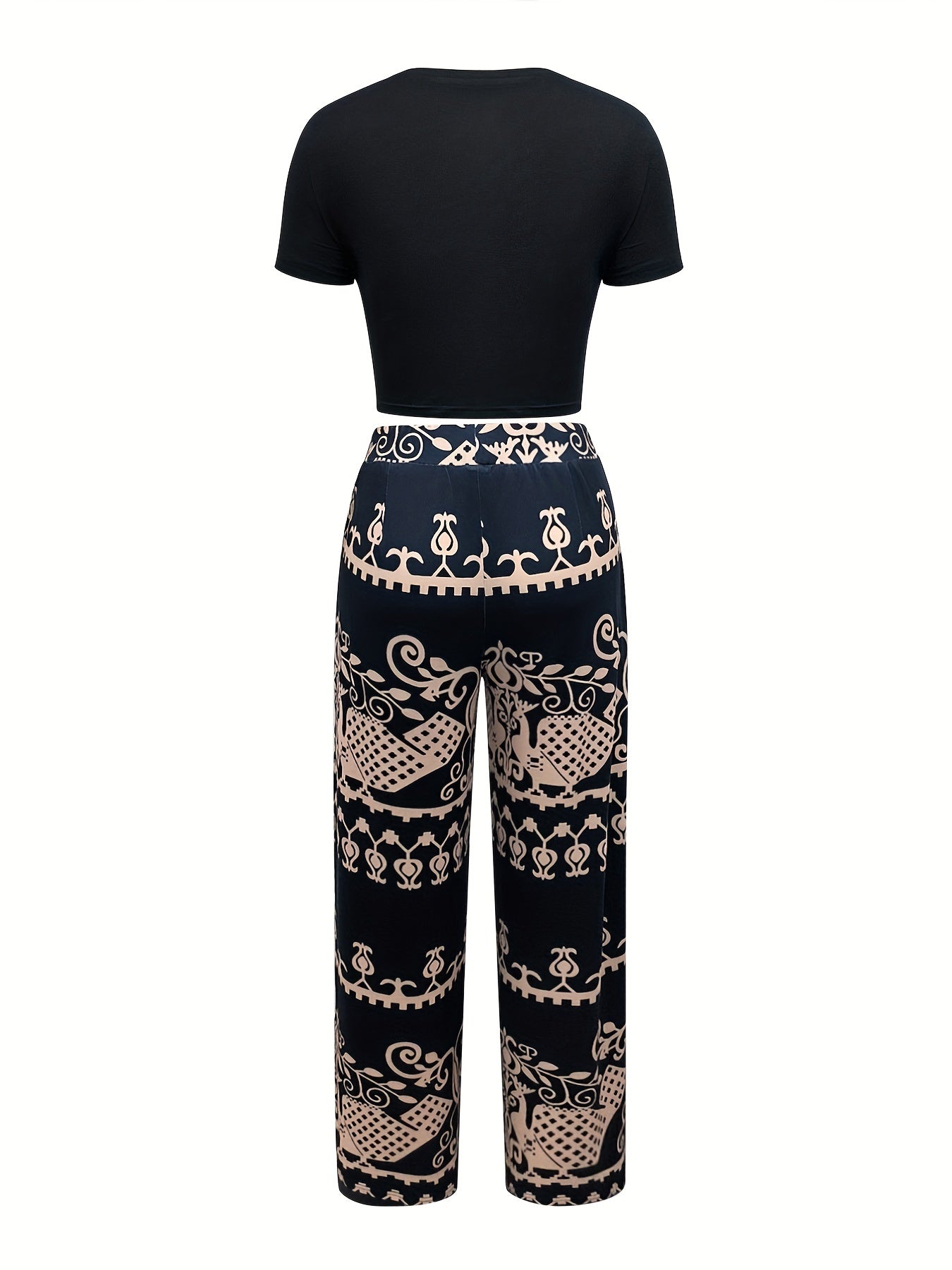 Boho 2pc Set Short Sleeve Crop Top & Wide Leg Pants Outfit