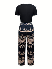 Boho 2pc Set Short Sleeve Crop Top & Wide Leg Pants Outfit