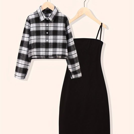 2pcs Girls' Solid Cami Dress & Plaid Shirt Top Set for Party