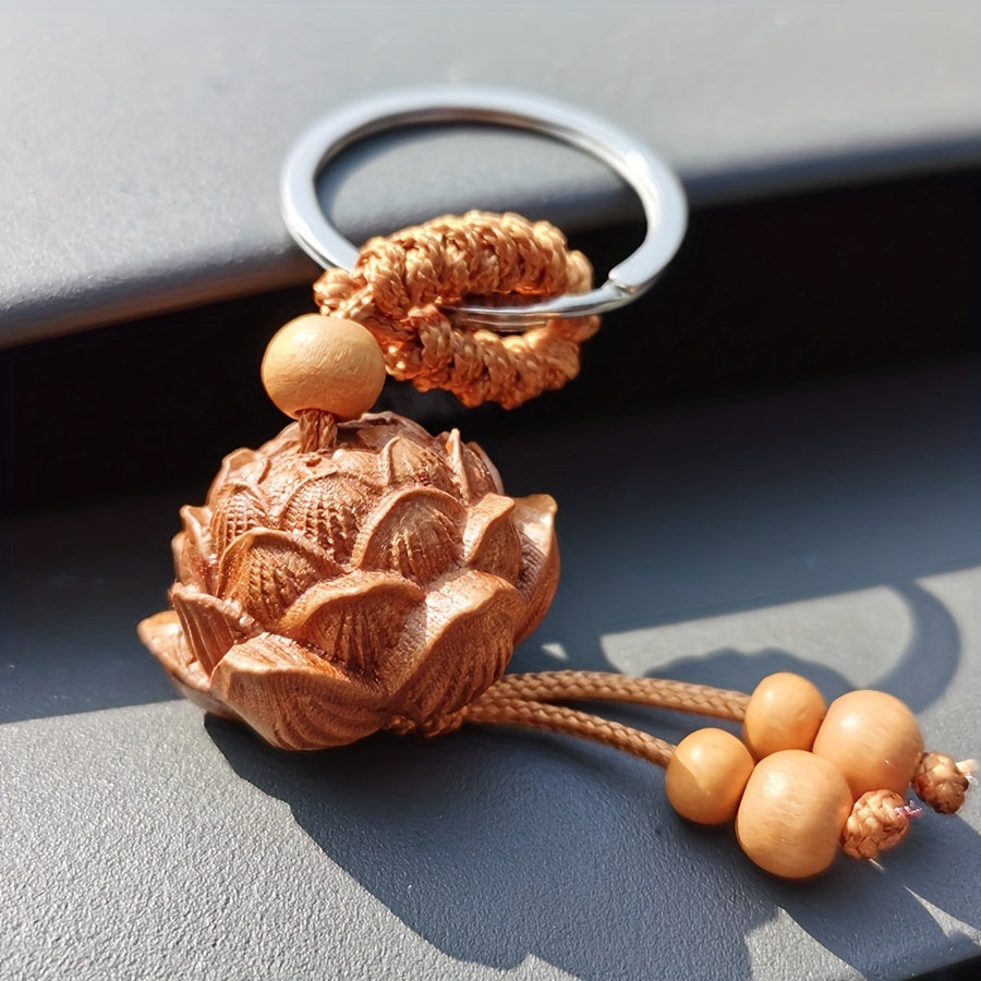Peach Wood Lotus Car Key Chain Wooden Pendant Gift Souvenir