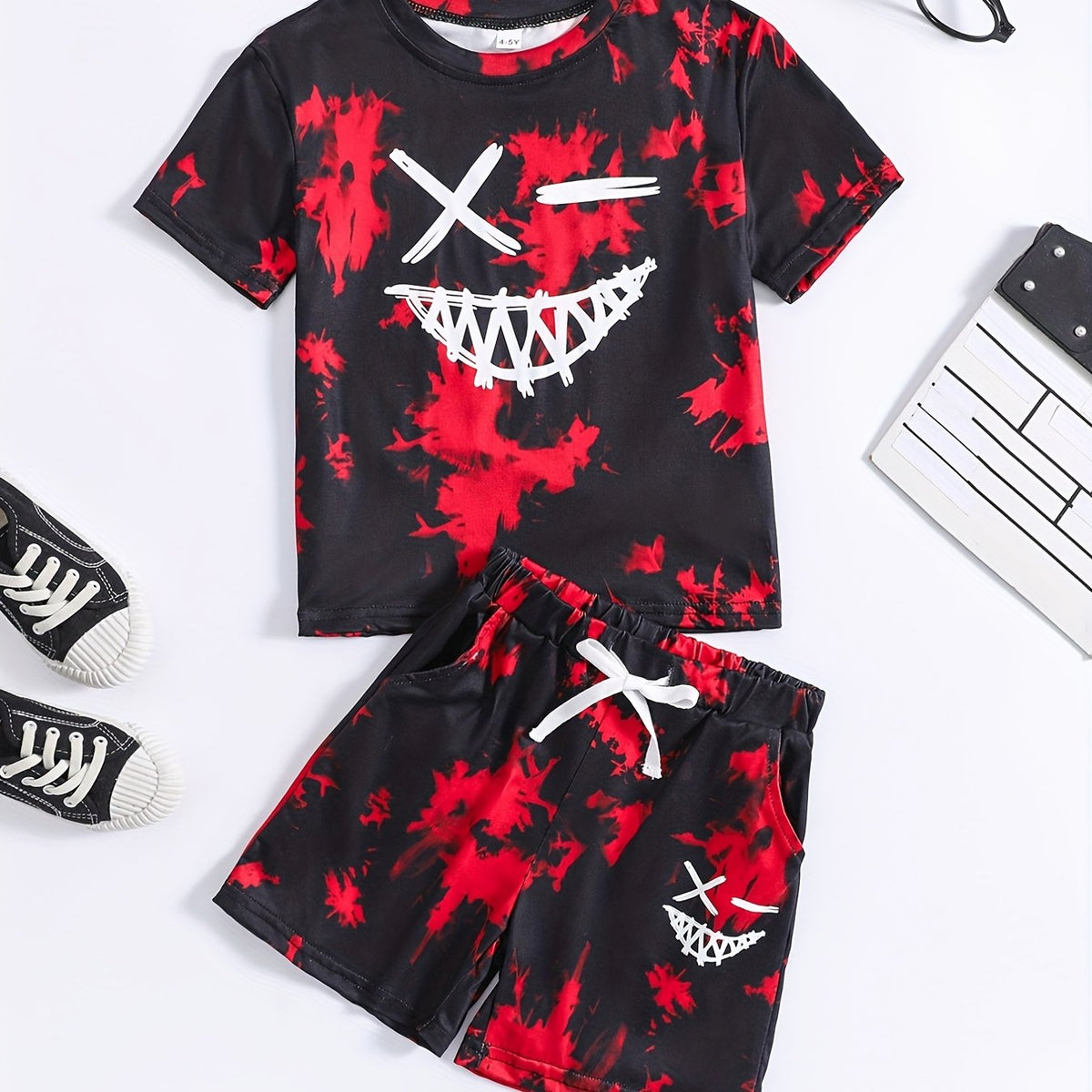 Boys Face Graphic Outfit Round Neck T shirt & Shorts For Summer Kids Clothes