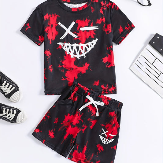 Boys Face Graphic Outfit Round Neck T shirt & Shorts For Summer Kids Clothes
