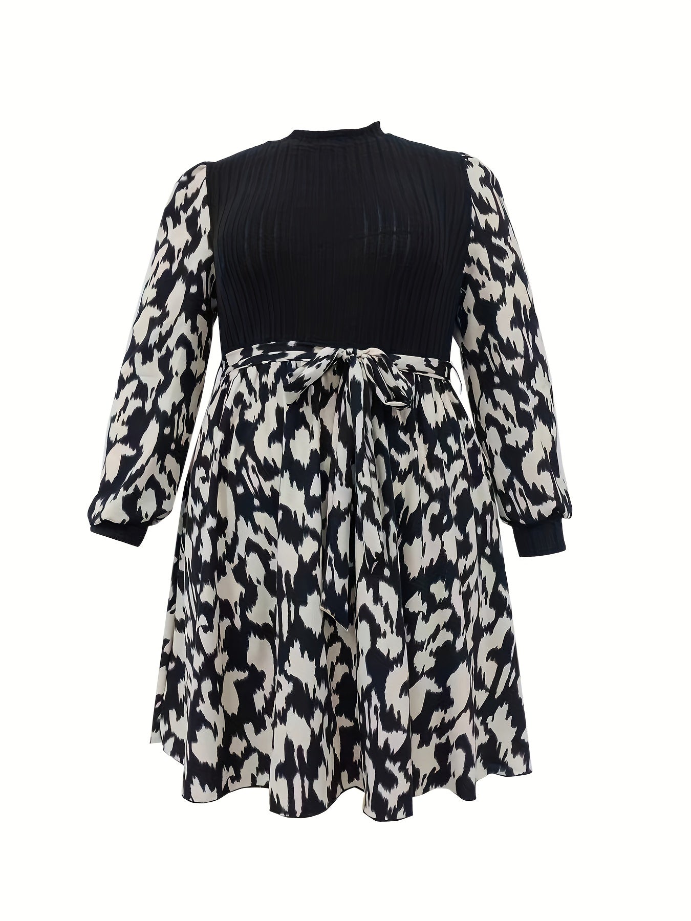 Women's Plus Leopard Print Lantern Sleeve Mock Neck Dress