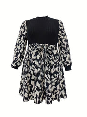 Women's Plus Leopard Print Lantern Sleeve Mock Neck Dress