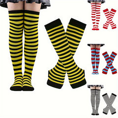 Striped Knit Thigh Long Stockings & Fingerless Gloves Set