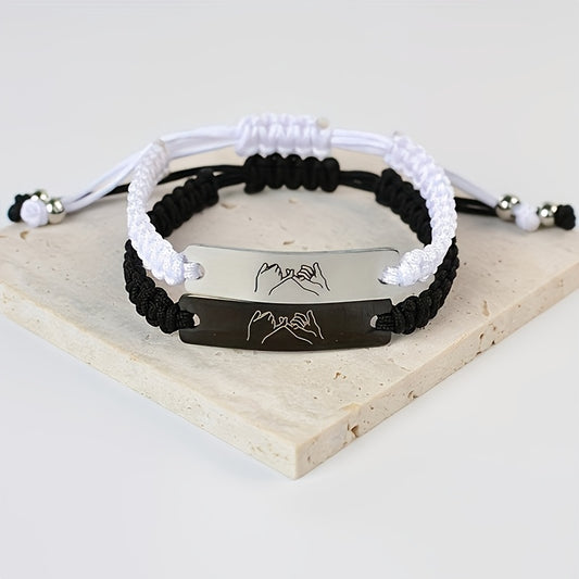 2pcs Valentine's Woven Couple Bracelets with Engraved Tags